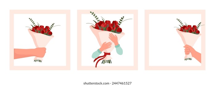 Hands holding flower bouquet. Set of Greeting Cards, Posters with Bouquet of Flowers. Set of Cards with Hands Holding Flowers. Mother's Day, Valentine's Day, Birthday. Wedding bouquets.