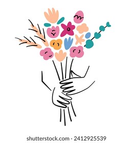 Hands holding flower bouquet, Valentines gift icon, vector illustration of floral arrangement for birthday, good for greeting card and invitation, giving present for Mothers Day, roses and tulips