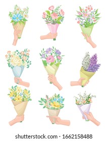 Hands Holding Flower Bouquets Wrapped in Craft Paper Vector Set