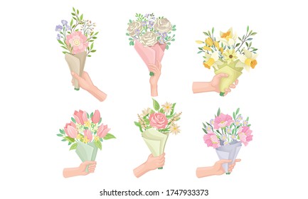 Hands Holding Flower Bouquets Wrapped in Craft Paper Vector Set