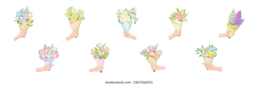 Hands Holding Flower Bouquets Wrapped in Paper Vector Set