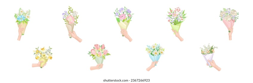 Hands Holding Flower Bouquets Wrapped in Paper Vector Set