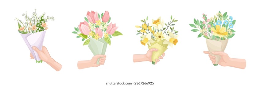 Hands Holding Flower Bouquets Wrapped in Paper Vector Set