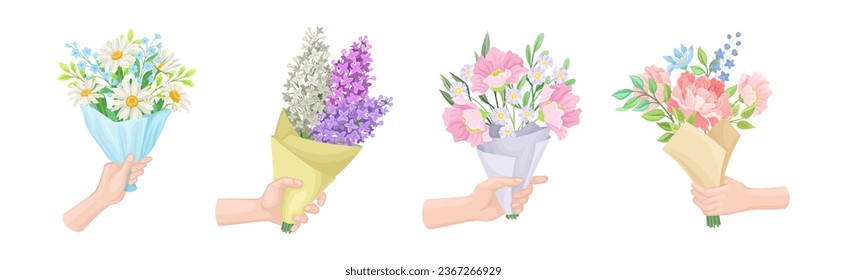 Hands Holding Flower Bouquets Wrapped in Paper Vector Set