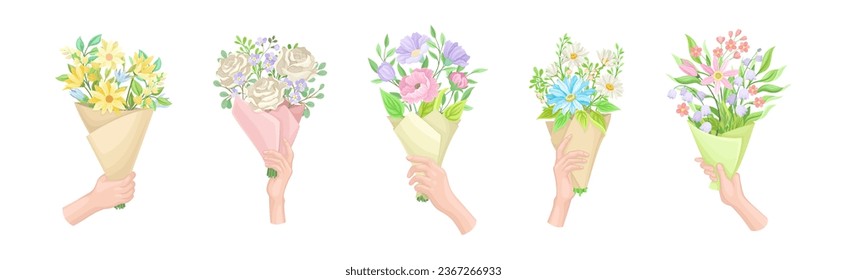 Hands Holding Flower Bouquets Wrapped in Paper Vector Set