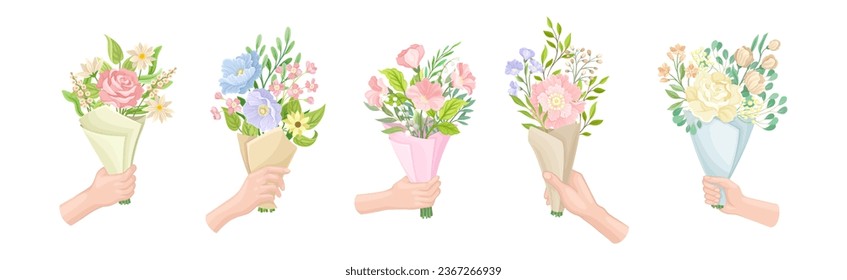 Hands Holding Flower Bouquets Wrapped in Paper Vector Set