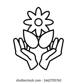 hands holding an flower with leaf on white background vector illustration design