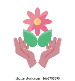 manos que sostienen una flor con hoja sobre el diseño de la ilustración vectorial de fondo blanco