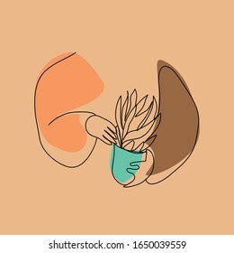 Hands holding a flower pot. Elegant linear pattern. Flat vector illustration.