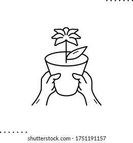 Hands holding a flower pot vector icon in outlines