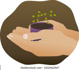 Hands holding a flower. Vector graphic illustration. 