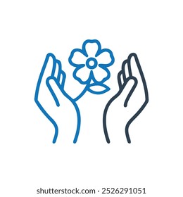 Manos que sostienen el icono del Vector de la flor, icono orgánico de la plántula de la ecología