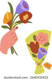Hands holding flowers bouquet vector hand drawn flat on white background. Hippie retro style flowers stickers 
