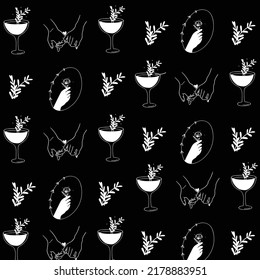 hands holding flowers or bunches of blooming flowers. Bundle of floral decorative design elements isolated on  black background. Set of elegant summer gifts. Flat vector illustration.