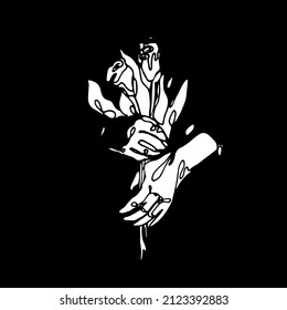 Hands holding flowers on black background