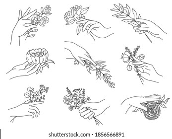 Hands holding flowers. Outline female hand with bouquets, olive branch, peony, meadow flower boho tattoos. Spa floral vector set. Blossom flower in female hand, botanical blooming illustration