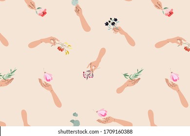 Manos sosteniendo el patrón de las flores. Manos femeninas sosteniendo una variedad de flores y ramas. Diseño abstracto de patrones vectoriales dibujados a mano para web, impresión. Ilustración moderna de manos y elementos florales. 