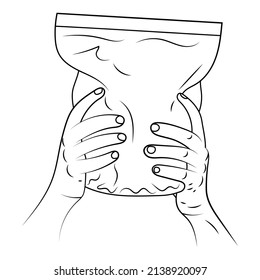 Manos sosteniendo una ilustración de boceto vectorial de paquete de alimentos.