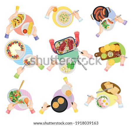 Hands Holding Fork Eating Dinner at Kitchen Table Above View Vector Set