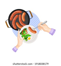 Hands Holding Fork and Eating Pasta with Cheese and Herbs Above View Vector Illustration