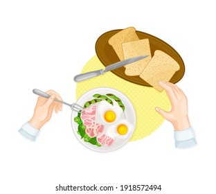 Ilustración de vectores de la horquilla con los huevos revueltos y el jamón encima de la vista