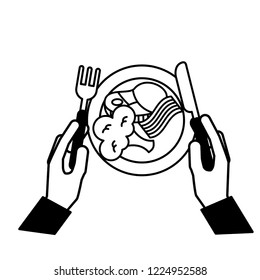 hands holding fork knife dinner