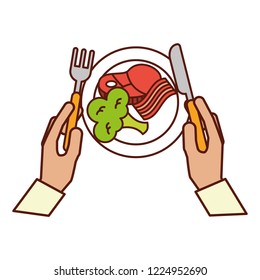 hands holding fork knife dinner