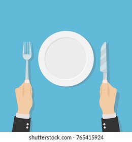 Hands Holding Fork And Knife With Empty Plate. Restaurant Or Cafe Logo Template Design. Top View. Waiting For Meal Icon. Vector Illustration