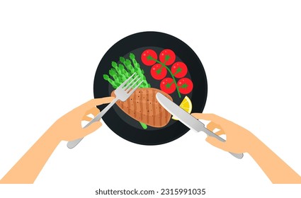 mano tenedor de bifurcación y cuchillo pollo asado pecho espárragos tomates de cerezo ramificación de la placa superior ilustración vectorial