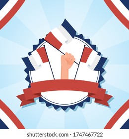 Hands holding france flags and ribbon design, Happy bastille day and french theme Vector illustration