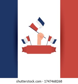 Hands holding france flags and ribbon design, Happy bastille day and french theme Vector illustration