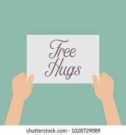 Hands holding a Free hugs sign. Vector illustration