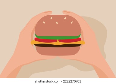 Hands holding a fresh burger. Fast food food concept. Vector illustration in flat style