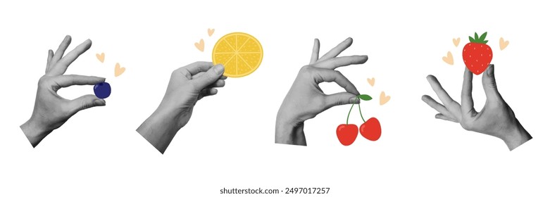 Hands holding fruit and berries. Modern summer collage set. Design elements for card, print, poster. Isolated vector illustration