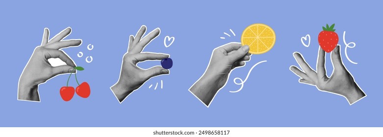 Hands holding fruit and berries. Modern summer collage set. Design elements for card, print, poster. Isolated vector illustration