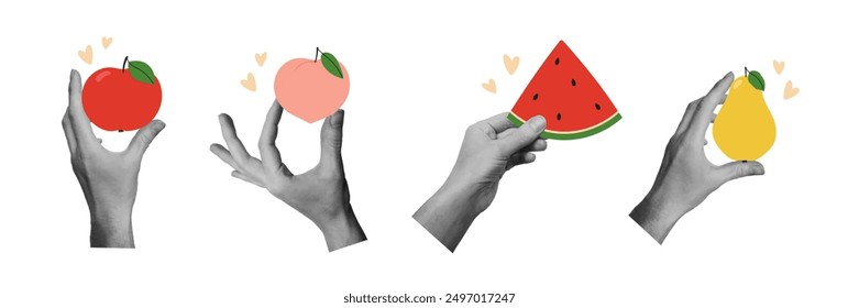 Hands holding fruit. Modern summer collage set. Design elements for card, print, poster. Isolated vector illustration