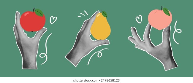 Hands holding fruit. Modern summer collage set. Design elements for card, print, poster. Isolated vector illustration