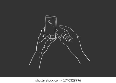 Manos sujetando el gadget, dedos tocando la pantalla para mensajes digitales interactivos. Dispositivo pda vacío en el brazo - dibujo vector de contorno. Esbozo gesto mano es símbolo de comunicación móvil, aplicación inteligente moderna