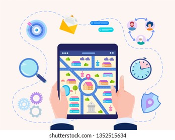 Hands holding a gadget with a map and a mark of the geographical position of the house. Vector illustration of the concept of finding the  location of an object using navigation, electronic applicatio