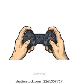 Hands holding game console joystick