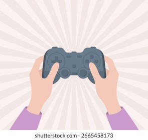 Hands holding game controller on radiant background, top view. Flat vector illustration