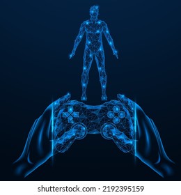 Manos sujetando el joystick del juego controlan a la persona. Diseño poligonal de líneas y puntos. Fondo azul.