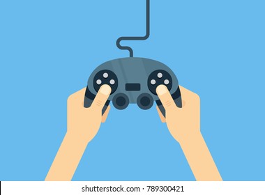 Hands holding gamepad - flat vector iillustration. Leisure gamer concept.