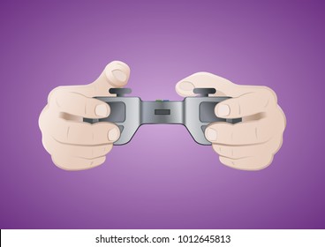 Hands holding gamepad. Game concept. Joystick isolated on purple background. Vector illustration.