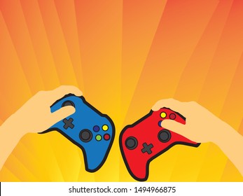 Hands Holding Gamepad on graphic background. vector drawing.