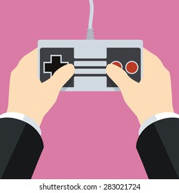 Hands holding gamepad vector flat illustration