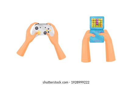 Hands Holding Gamepads or Controller Playing Video Game Vector Set