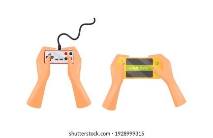 Hands Holding Gamepads or Controller Playing Video Game Vector Set