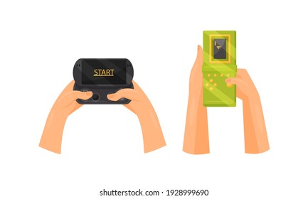 Hands Holding Gamepads or Controller Playing Video Game Vector Set