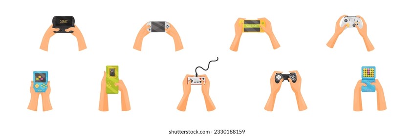 Hands Holding Gamepads or Controller Playing Video Game Vector Set